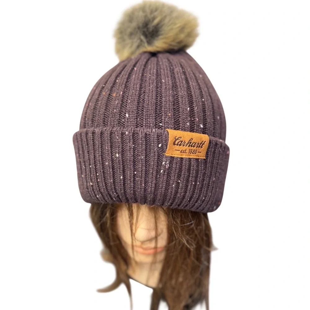 Carhartt Womens Rib-Knit Pom Beanie Dark Brown Speckled Donegal Hat‎